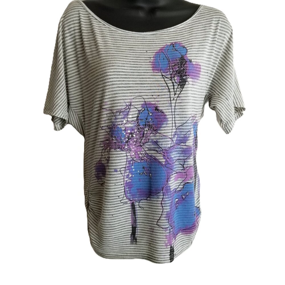 Womens Large Floral Striped Cold Shoulder Top Gray Blue Purple Rhinestone Love J